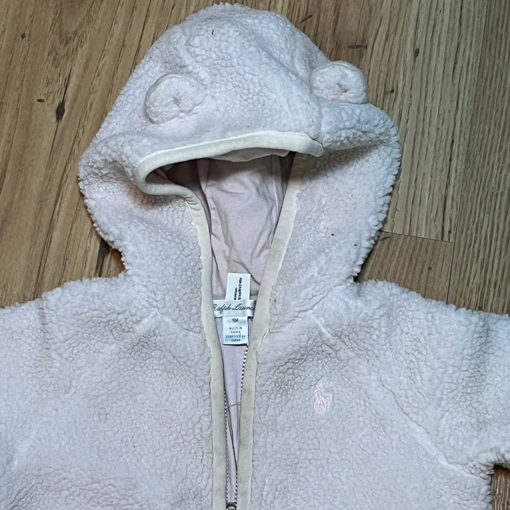 Ralph Lauren Sherpa Fleece Bunting Baby 9M Cream Hooded One Piece Zip Up Suit